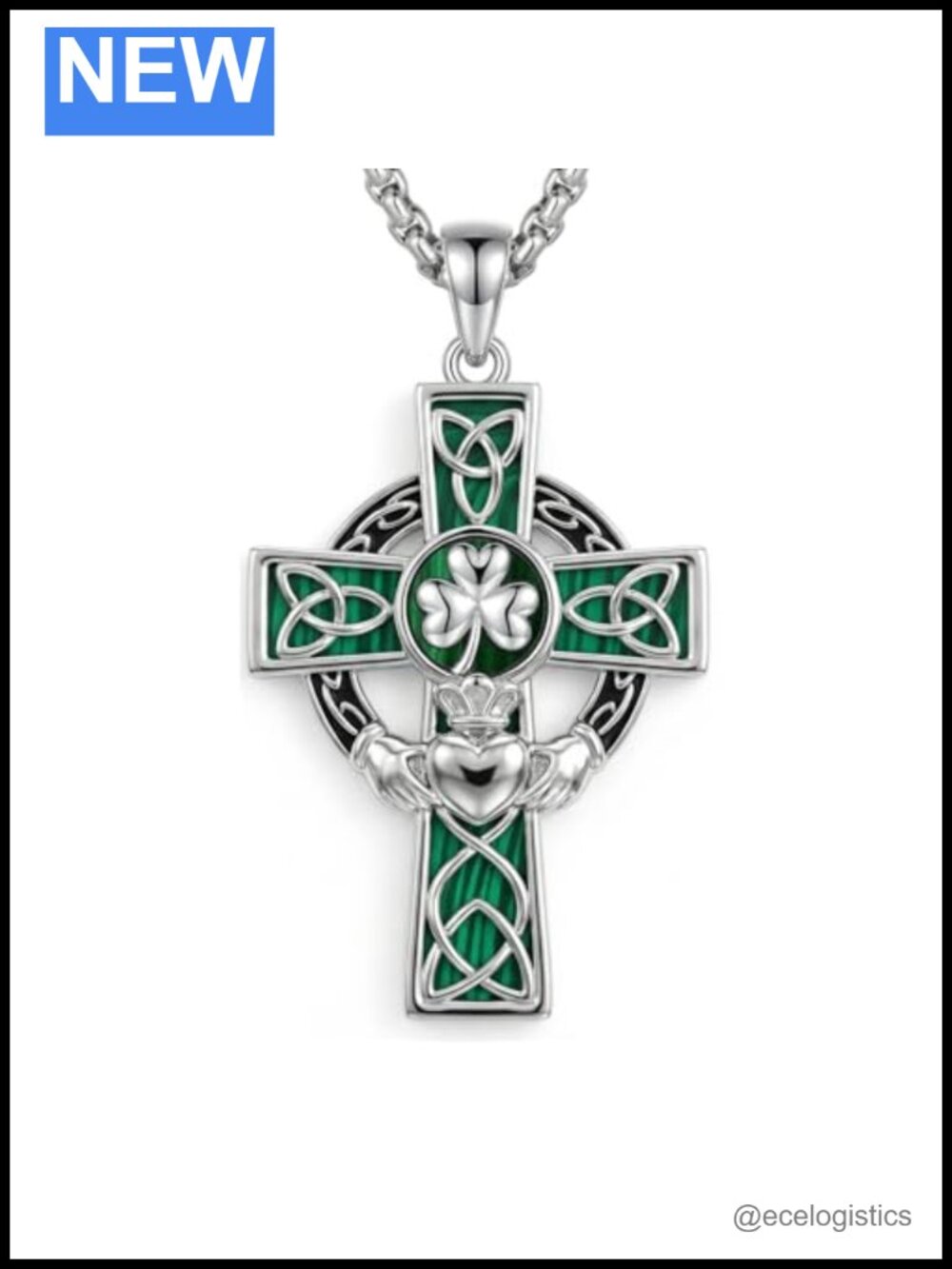 Claddagh Cross Necklace 18k White Gold Plated Malachite Pendant 24in Unisex